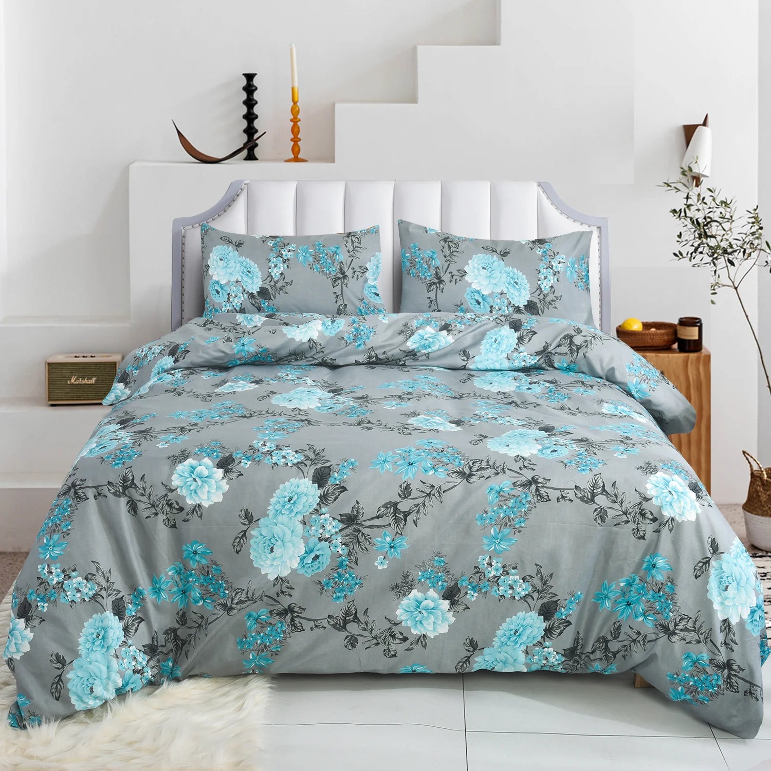 4PCS Marble Pattern Duvet Cover Set with Pillowcases & Fitted Sheet – Soft Microfiber Bedding Set