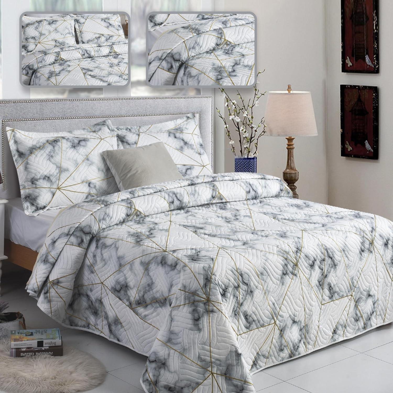 3-Piece Reversible Quilted Bedspread Set (220×240 cm) – Lightweight Microfibre Comforter with Vintage Floral Patchwork & Pillow Shams