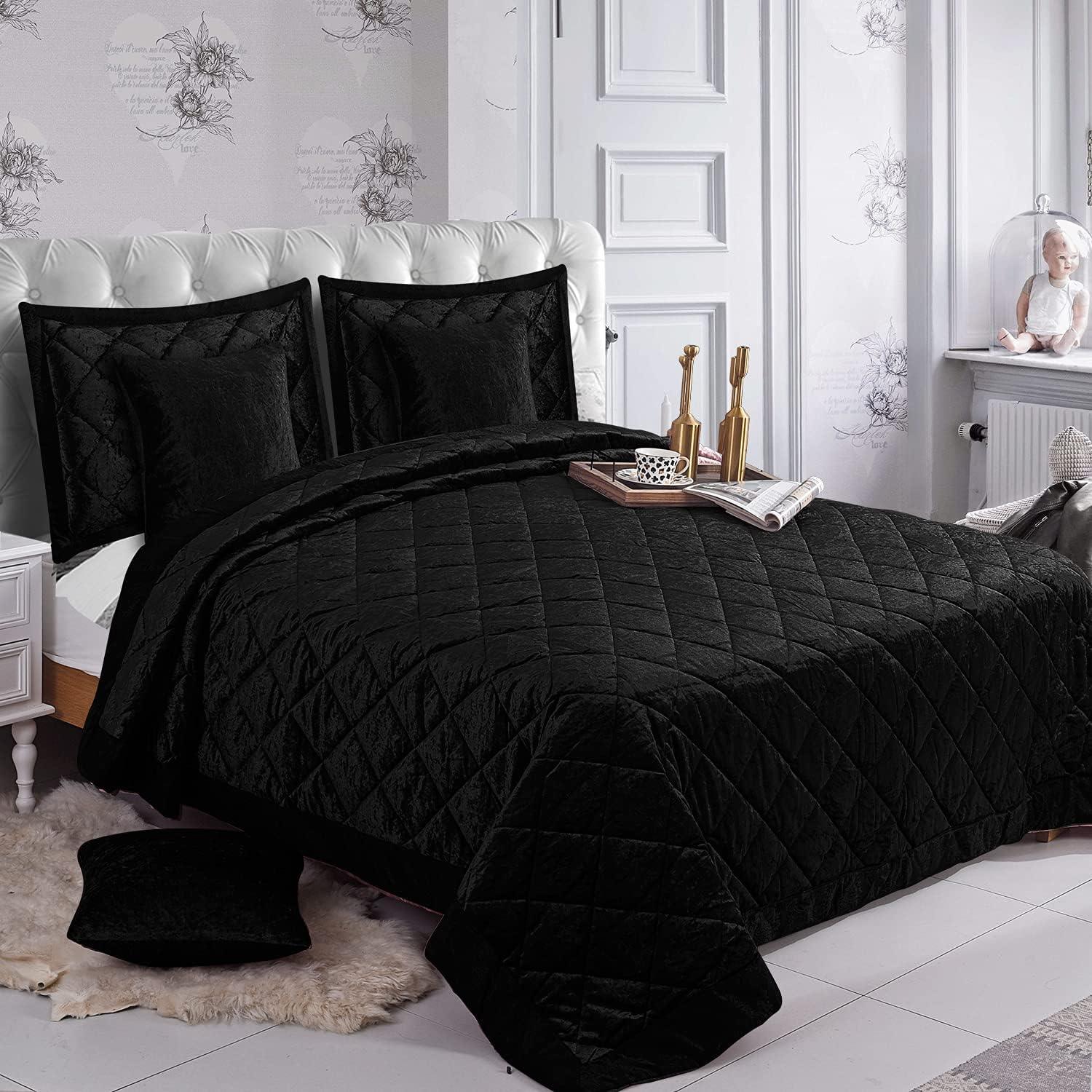 Luxury 5PCS Quilted Crushed Velvet Bedspread Set – King Size Bedspread with Oxford Pillow Covers & Cushion Covers | Soft Microfiber, Plush & Elegant Bedding Set