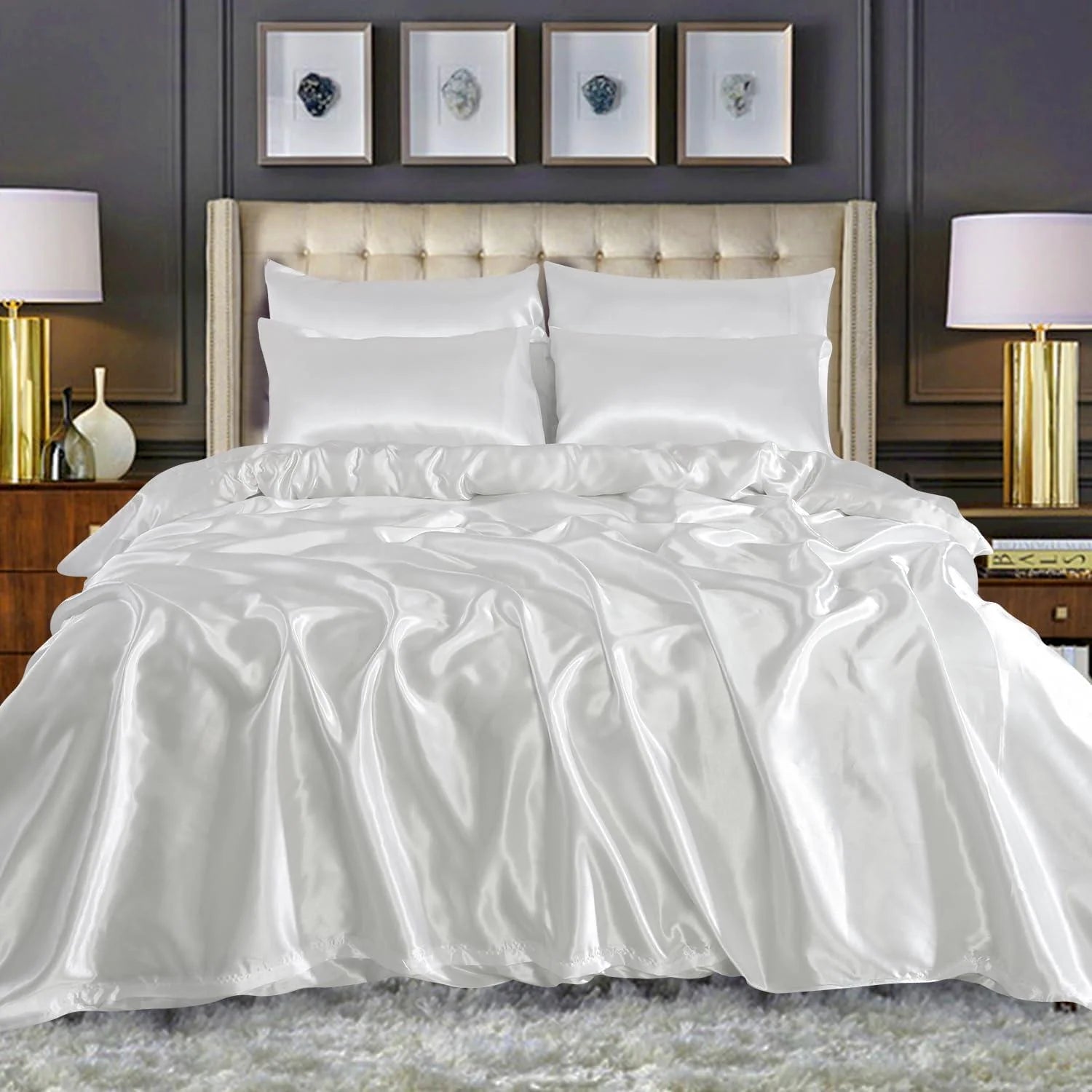 Luxury Satin Silk 6-Piece Bedding Set – Duvet Cover, Fitted Sheet & 4 Pillowcases | Soft, Smooth & Elegant Bedroom Set