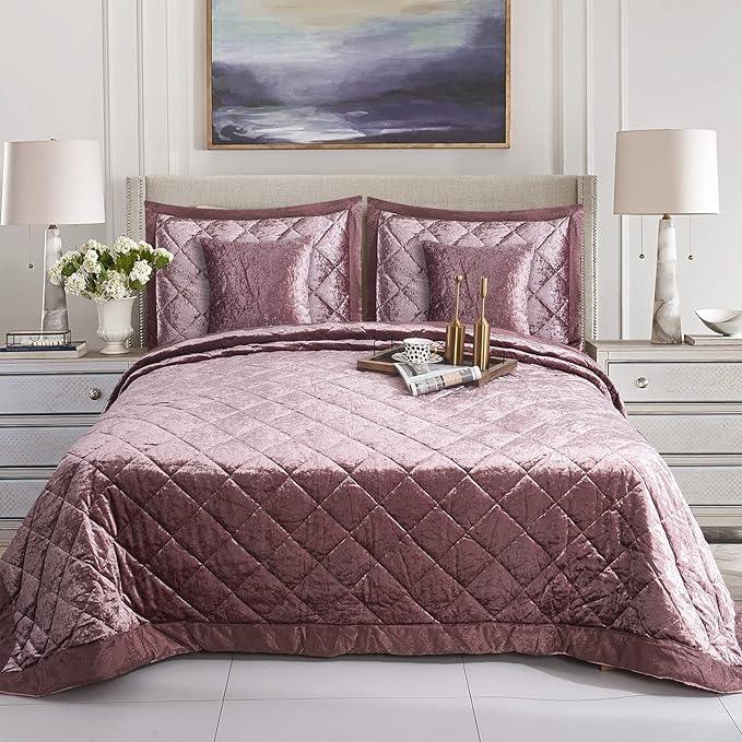 Luxury 5PCS Quilted Crushed Velvet Bedspread Set – King Size Bedspread with Oxford Pillow Covers & Cushion Covers | Soft Microfiber, Plush & Elegant Bedding Set