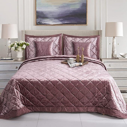 Luxury 5PCS Quilted Crushed Velvet Bedspread Set – King Size Bedspread with Oxford Pillow Covers & Cushion Covers | Soft Microfiber, Plush & Elegant Bedding Set