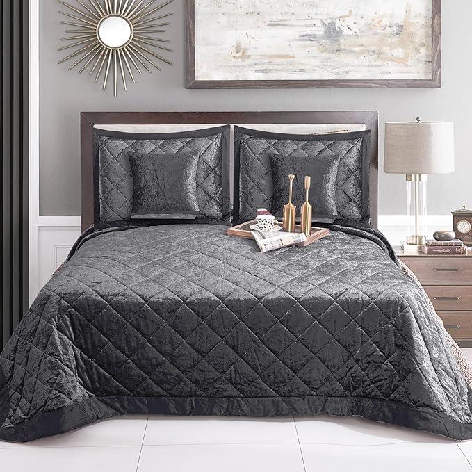 Luxury 5PCS Quilted Crushed Velvet Bedspread Set – King Size Bedspread with Oxford Pillow Covers & Cushion Covers | Soft Microfiber, Plush & Elegant Bedding Set