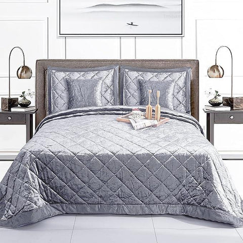 Luxury 5PCS Quilted Crushed Velvet Bedspread Set – King Size Bedspread with Oxford Pillow Covers & Cushion Covers | Soft Microfiber, Plush & Elegant Bedding Set