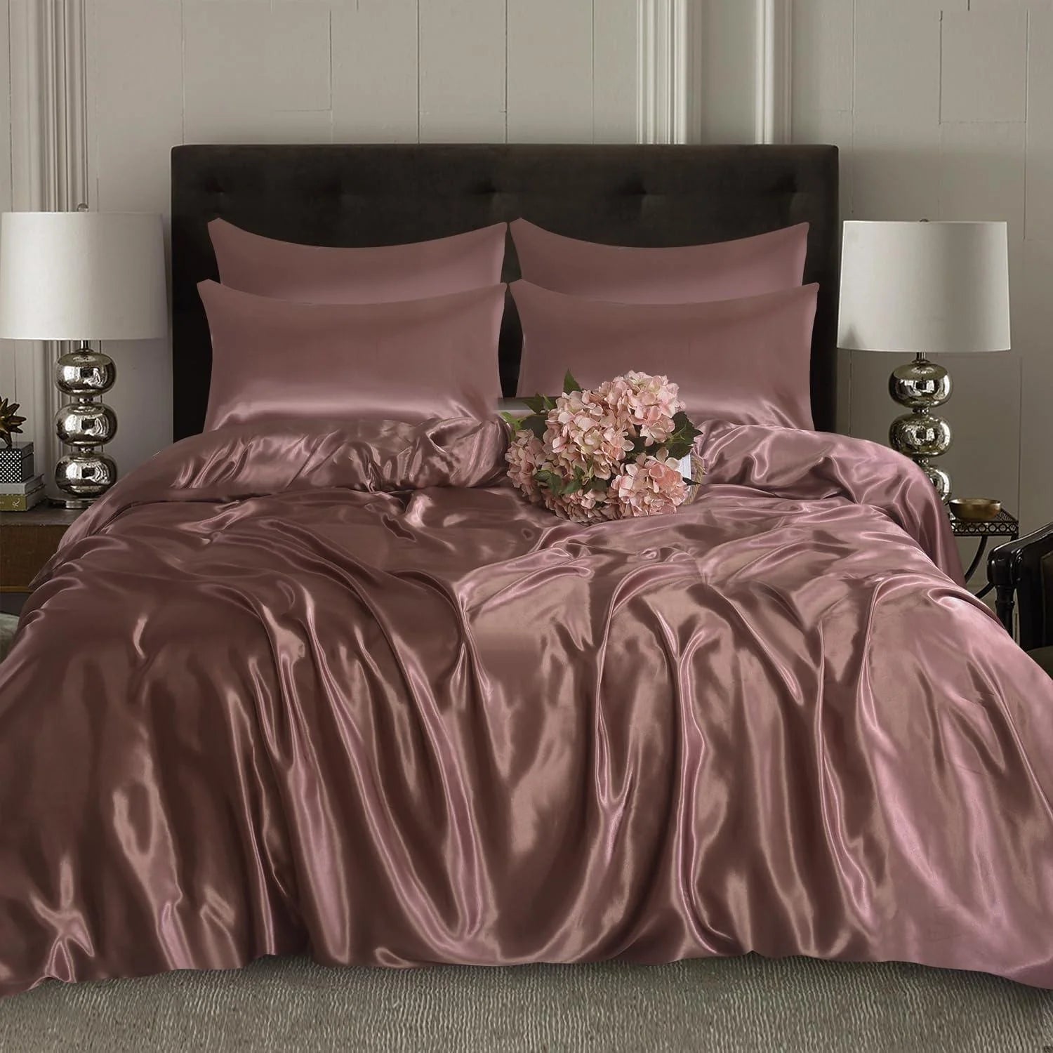 Luxury Satin Silk 6-Piece Bedding Set – Duvet Cover, Fitted Sheet & 4 Pillowcases | Soft, Smooth & Elegant Bedroom Set