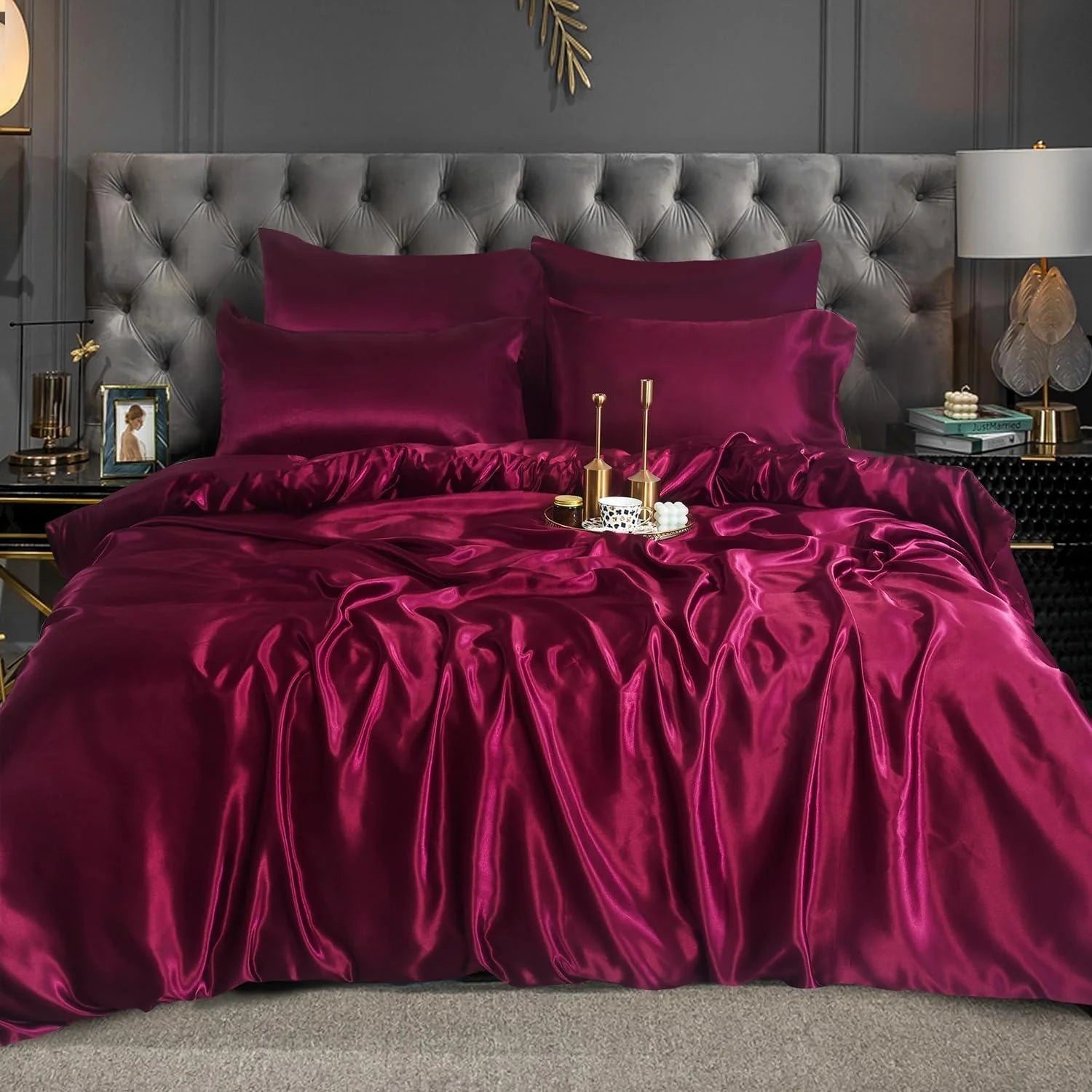 Luxury Satin Silk 6-Piece Bedding Set – Duvet Cover, Fitted Sheet & 4 Pillowcases | Soft, Smooth & Elegant Bedroom Set