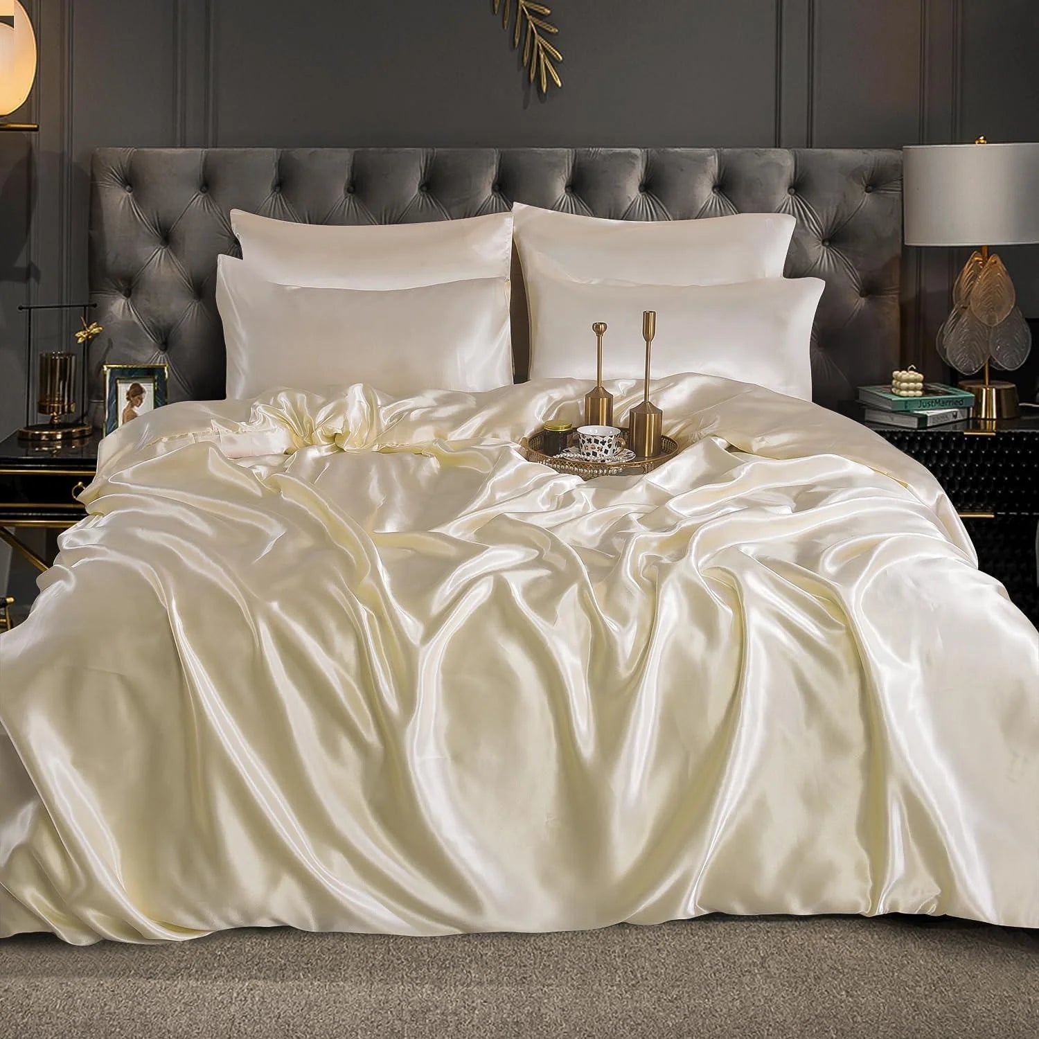Luxury Satin Silk 6-Piece Bedding Set – Duvet Cover, Fitted Sheet & 4 Pillowcases | Soft, Smooth & Elegant Bedroom Set