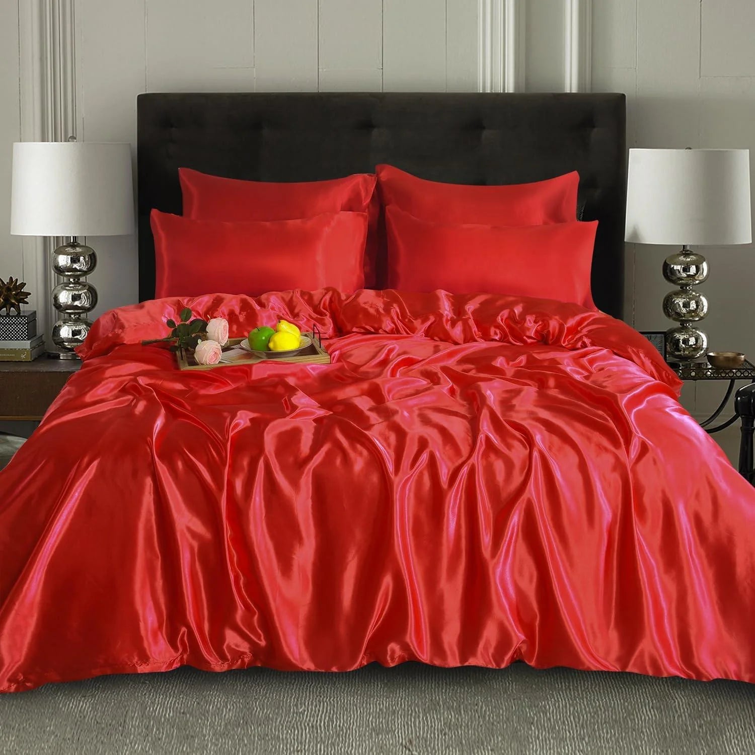 Luxury Satin Silk 6-Piece Bedding Set – Duvet Cover, Fitted Sheet & 4 Pillowcases | Soft, Smooth & Elegant Bedroom Set